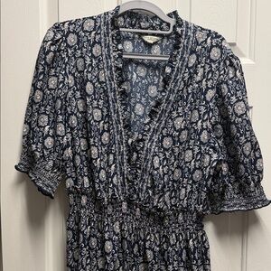 Navy Floral V-Neck Smocked Waist Dress